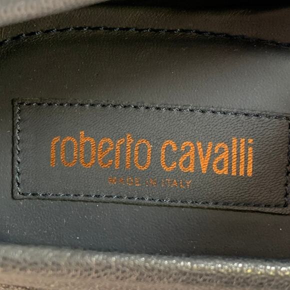 ROBERTO CAVALLI Size 11.5 Navy Silver Logo Embroidery Leather Drivers Loafers - Picture 7 of 8